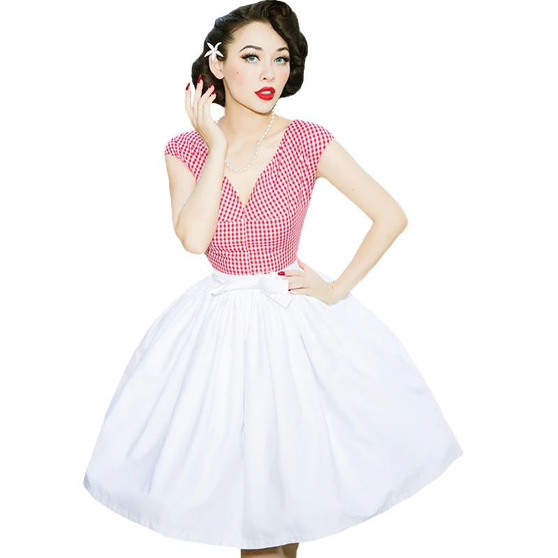 

Vintage 50s60s Sweet Gentle Slim V-neck Tank Dress Red Plaid Bow Tutu Dress Fashion Temperament Hepburn Style Dress