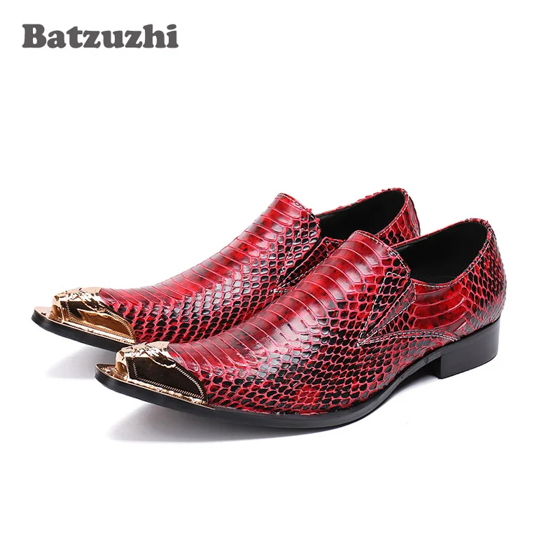 

Batzuzhi Brand Men Shoes Cowhide Genuine Leather Dress Shoes Men Pointed Metal Cap Toe Wine Red Wedding and Party Shoes Men, 46