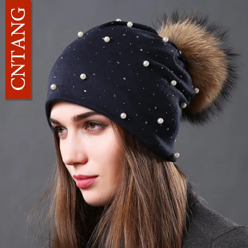 CNTANG 2024 Women\'s Fashion Hat Autumn Winter Rhinestones Pearl Hats Female Beanies Natural Raccoon Fur Pompom Cotton Warm Caps