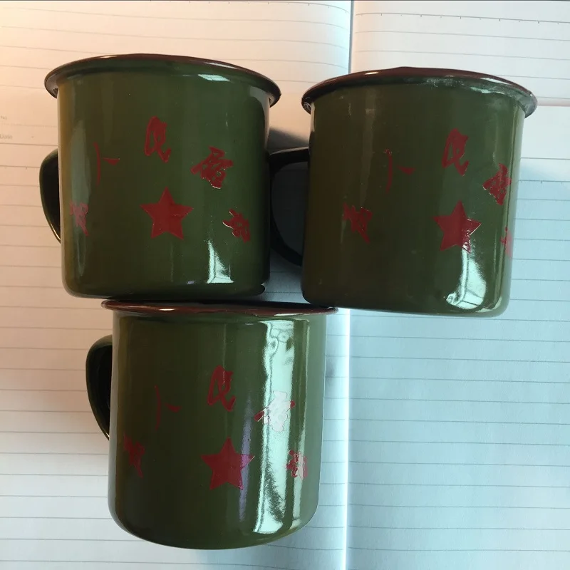 serve the people travel mugs drinkware handgrip metal enamel made traditional old item from China Chinese classic army green mug