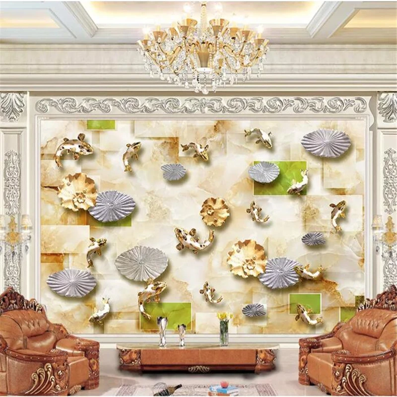 

wellyu papel de parede para quarto Custom wallpaper Embossed koi lotus leaf three-dimensional square marble living room wall