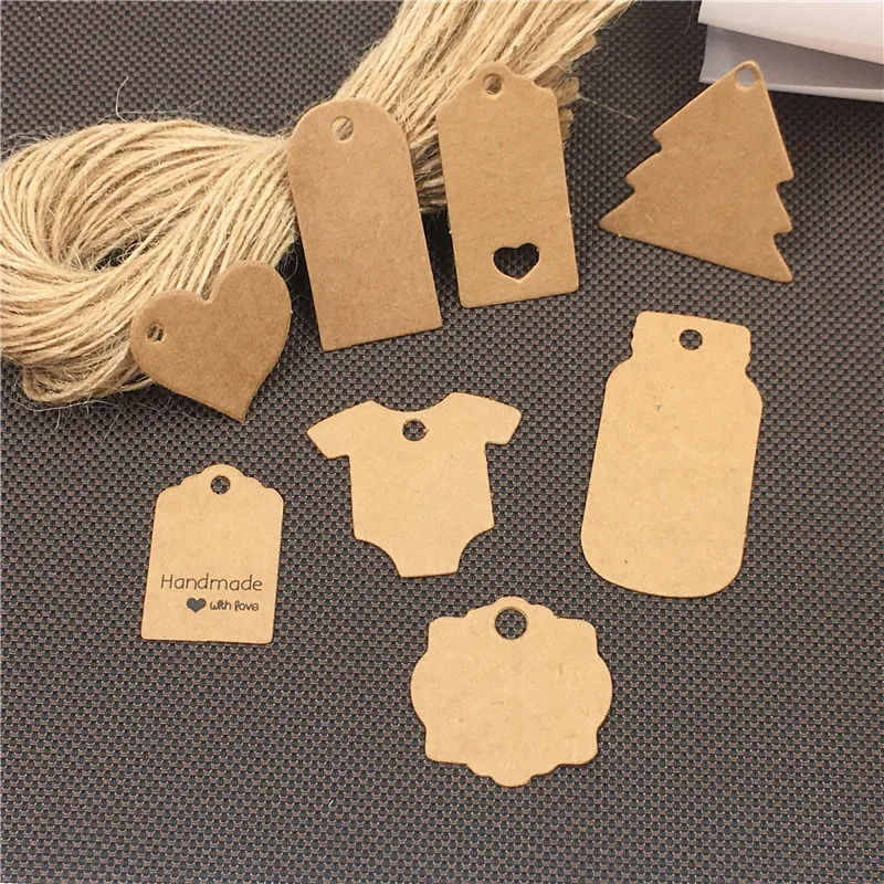 100 pcs multi cute kraft paper gift label tag handmade jewelry charms tag wedding favors /cookies decorative tag+100 pcs rope