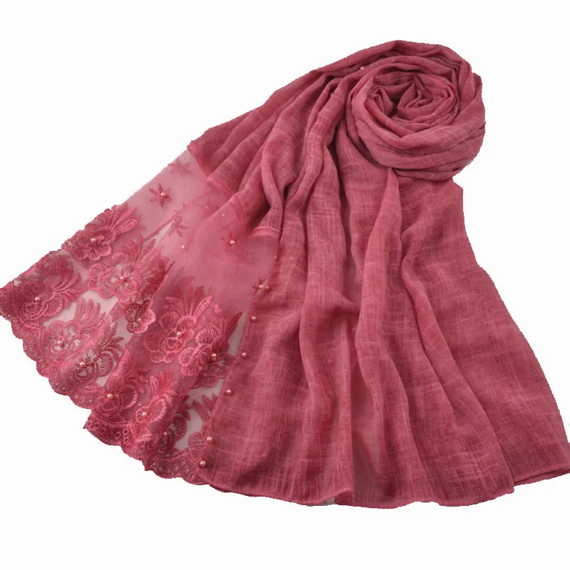 Lady Luxury Lace Scarf With Pearls Hijab,Cotton Head Wrap,Flower Embroidery Tie Dye Scarf,Plain Color Muslim Floral Cotton Shawl