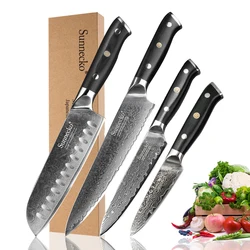 SUNNECKO 4PCS Chef Knives Set Damascus Steel VG10 73 Layers 7'' Santoku 5'' Utility 3.5'' Paring Knife Fruit Meat Cooking Tools