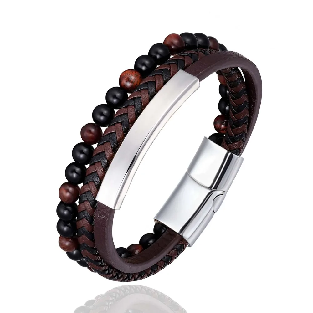 New Stainless Steel Stone Beads Bracelet Stainless Steel Accessories Tiger Stone Men Bangle Punk Leather Women handmade Jewelry image 4