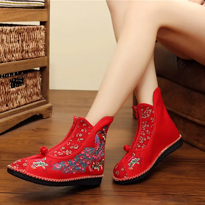 Veowalk Peacock Embroidered Women Canvas Flat Short Boots, Vintage Chinese Embroidery Cotton Booties Ladies Shoes Front Zippers