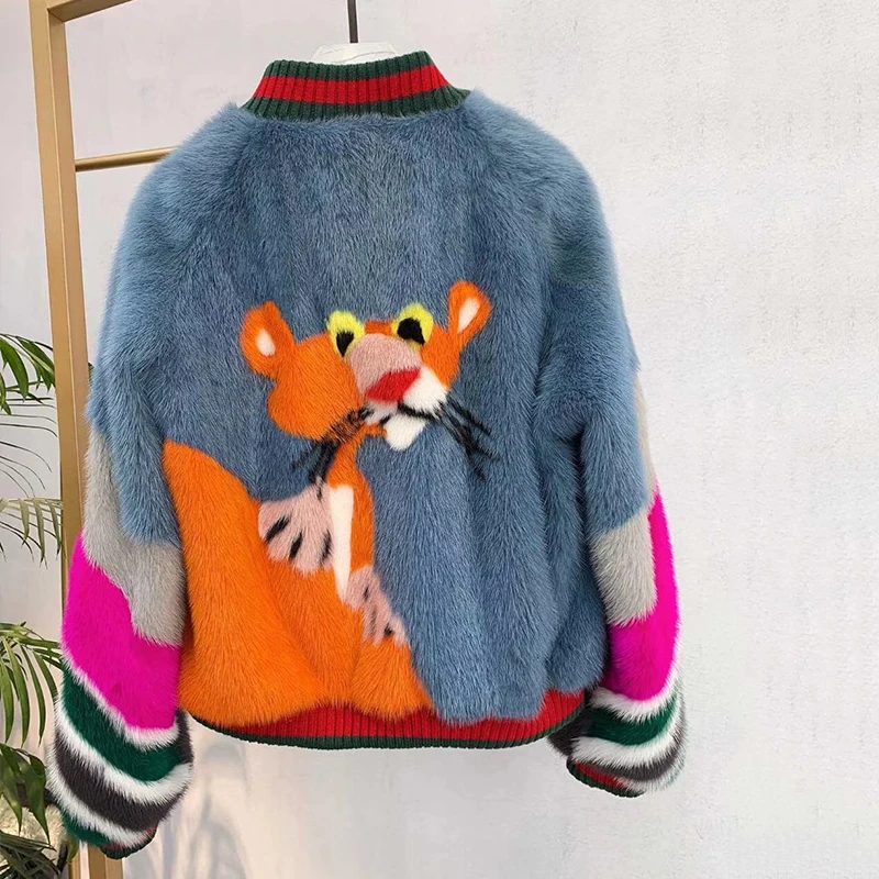 Ftangaiur Women Velvet Mink Fur Coat Striped Patchwork Contrast Color Mink Coats For Women's Short Real Mink Fur Coats