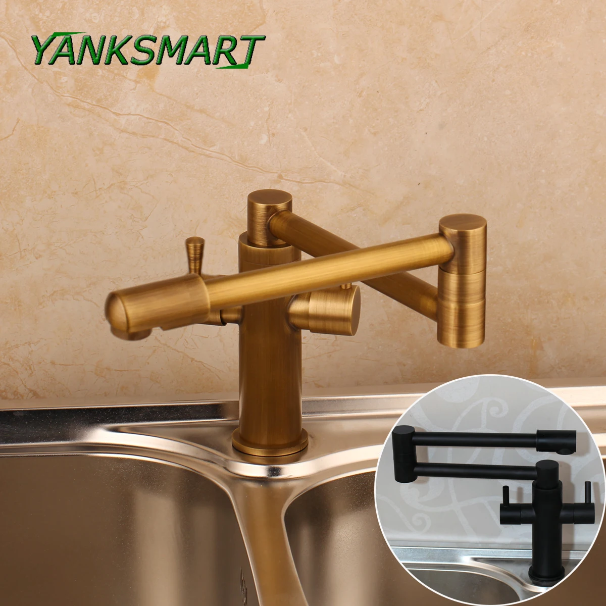 YANKSMART-grifo monomando para baño, grifería de cocina con caño giratorio y plegable, montado en la pared, frío y caliente, grifos de latón negro/antiguo