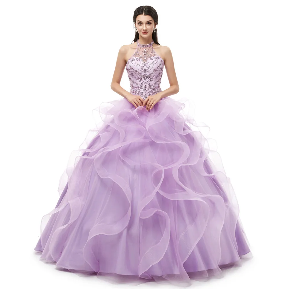 Vestidos de 15 años 2019 Sweet 15 suknie Lilac Quinceanera sukienki Halter Neck suknia sukienka na studniówkę spódnica z falbanami prawdziwe zdjęcia