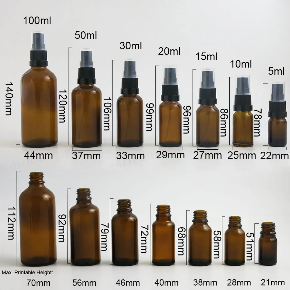 200 x Refillable Amber Glass Essential Oil Bottles Wtih Tamper Evident Mist Spray 100ml 50ml 30ml 20ml 15ml10ml Perfum bottle