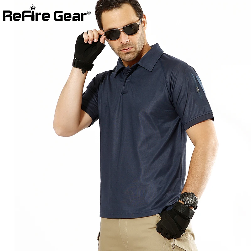 ReFire Gear Men Military Polo Shirt Breathable Army Combat Tactical Polo Male Navy Blue Quick Dry Short Sleeve Polo Shirts S-5XL