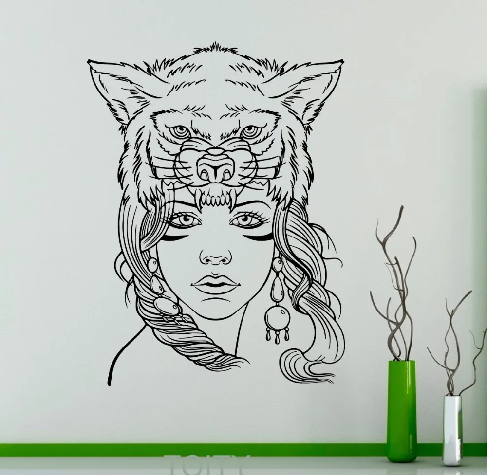 Cute Girl Wolf Mask Wall Decal Wild Animals Vinyl Sticker Wild Nature Home Interior Decor Art Murals Living Room Bedroom Decor