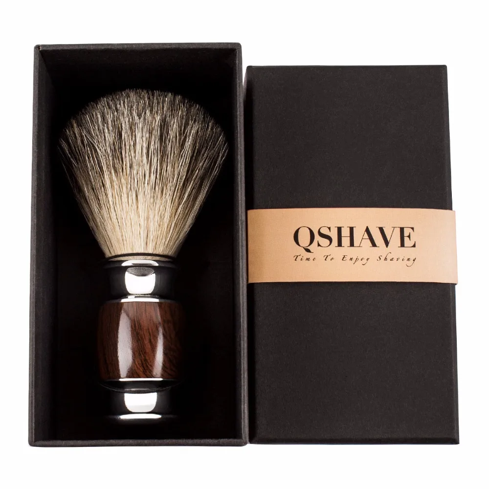 Qshave Man Pure Badger Hair Shaving Brush Wood 100% for Razor Safety Straight Classic Safety Razor 11.5cm x 5.6cm Wood Grain