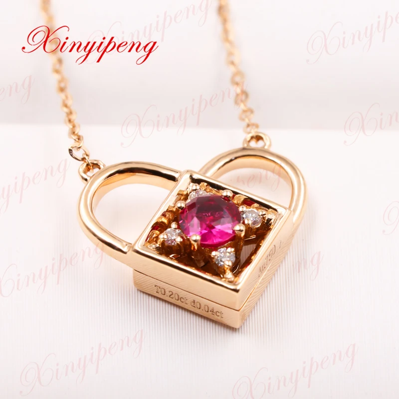 

Xinyipeng 18K rose gold natural ruby necklace pendant love locks a three - wear chain, new style. anniversary birthday present