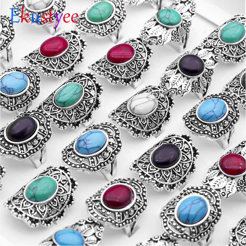 20pcs Wholesale Vintage Hollow Mix Stone Ancient Silver Color Ring Lots Fashion Jewelry Women Rings Dropshopping