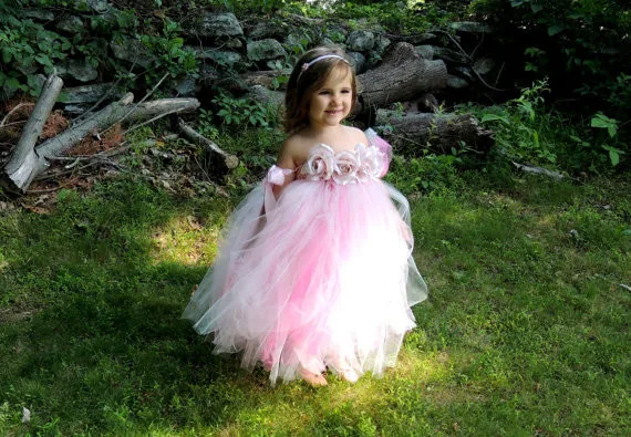 Hermoso vestido de flores rosas para niña, Vestido largo de tul de ganchillo para niña, vestido de bola con diadema de rosa, vestido de tutú de fiesta de noche para niño