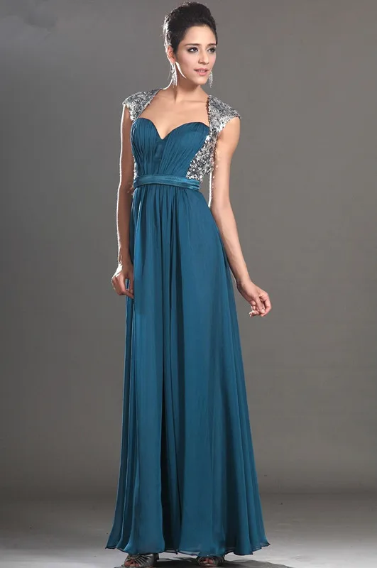 

Blue Evening Dresses A-line Cap Sleeves Chiffon Sequins Long Formal Party Evening Gown Prom Dresses Robe De Soiree