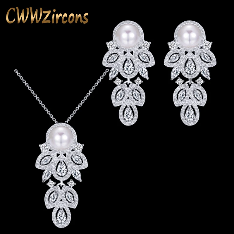 CWWZircons 2022 Fashion Brand Long Feather Dangle CZ Crystal Silver Plated Pearl Necklace Earrings Jewelry Sets for Women T164