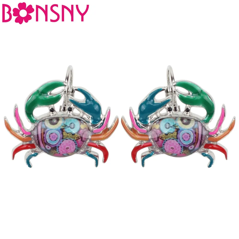 Bonsny Ocean Collection Enamel Alloy Crab Stud Drop French Clip Earrings Fashion Animal Jewelry For Girls Women Lady Accessories