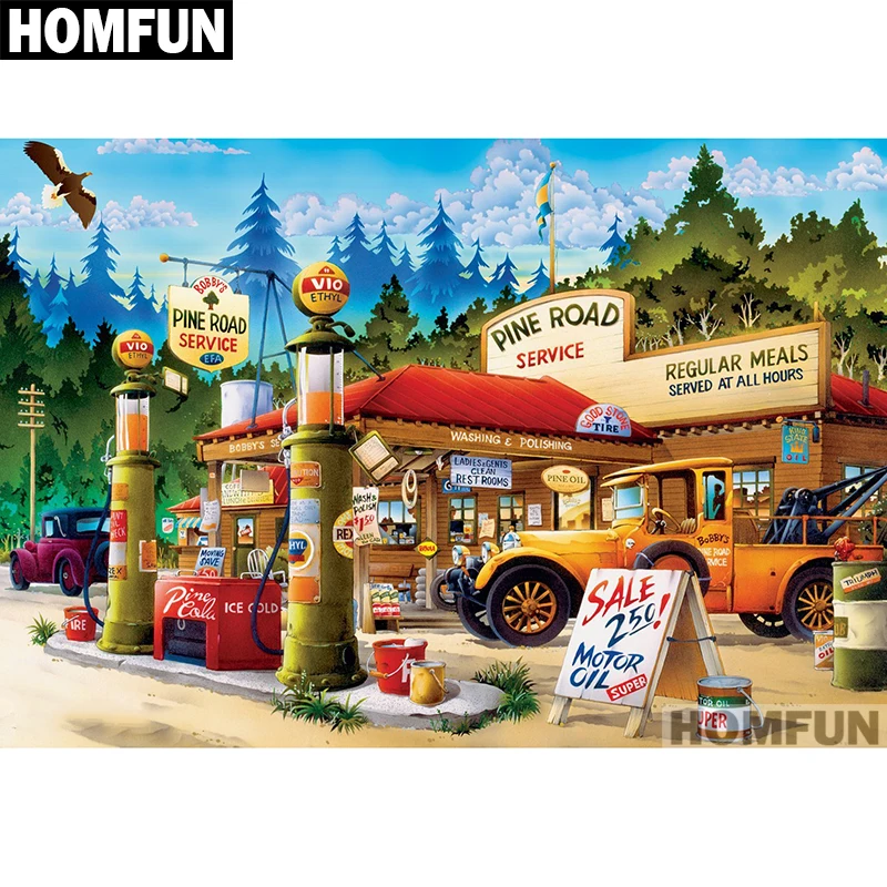 

HOMFUN Full Square/Round Drill 5D DIY Diamond Painting "Town & gas station" Embroidery Cross Stitch 5D Home Decor A01580