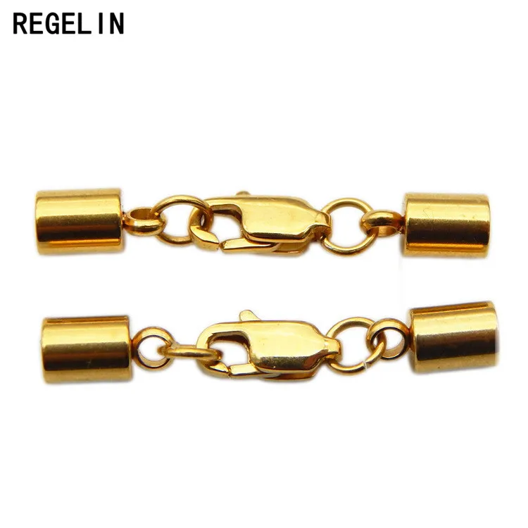 REGELIN Stainless Steel Gold Tone Round Leather Cord End Caps With Lobster Clasps for 3/4/5.2mm DIY Bracelets Jewelry Connectors