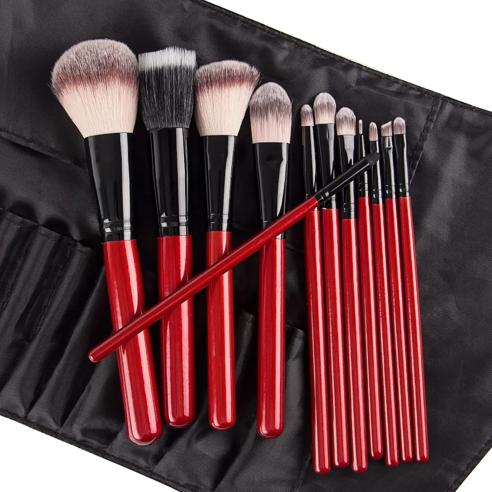 

Pro 12pcs Makeup Brushes Set Foundation Powder Eyeliner Eyeshadow Brush Synthetic Hair Red Handle Evening Bag Gift for Women