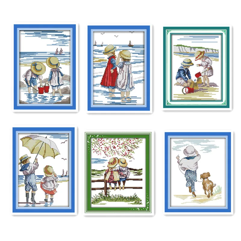 

Joy sunday Little boy girl playing on the beach watching the scenery cross stitch printing children miniature pattern