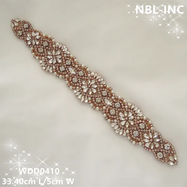 (30pcs) Wholesale bridal sash beaded sewing rose gold crystal rhinestone appliques iron on for wedding dresses sash belt WDD0410