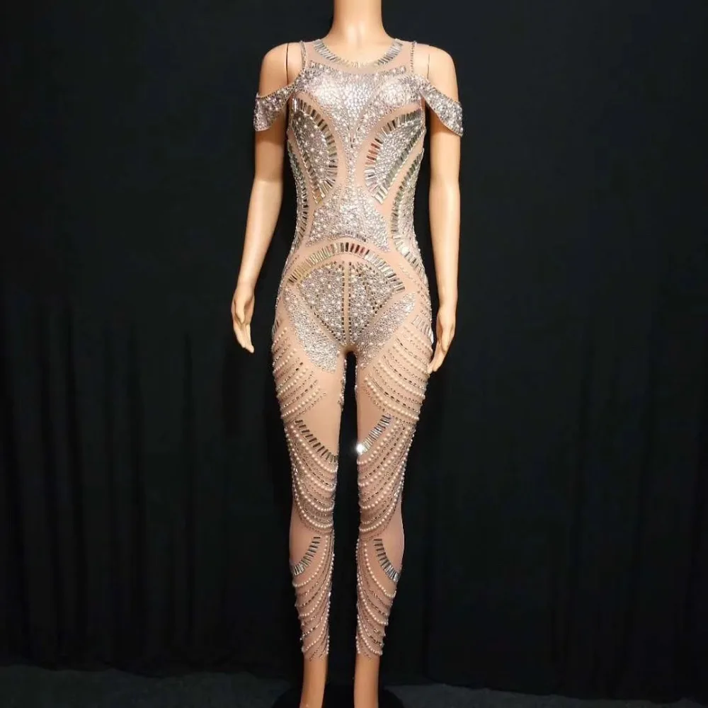 Vrouwen Sexy Zilveren Sparkly Steentjes Mesh Jumpsuit Zanger Dans Outfit See Through Nachtclub Slijtage Verjaardag Vieren Jumpsuit