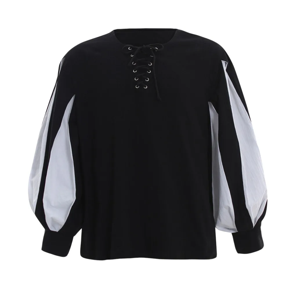 

Cosplaydiy Custom Made Medieval Lace Up Wide Cuff Black and White Sleeve Color Contrast Costume Shirts L320