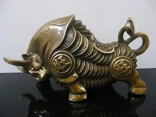 

19.5CM Collectible wealth luck TIBETAN BRONZE BRASS BULL STATUE Vintage old copper wholesale Decoration real Brass