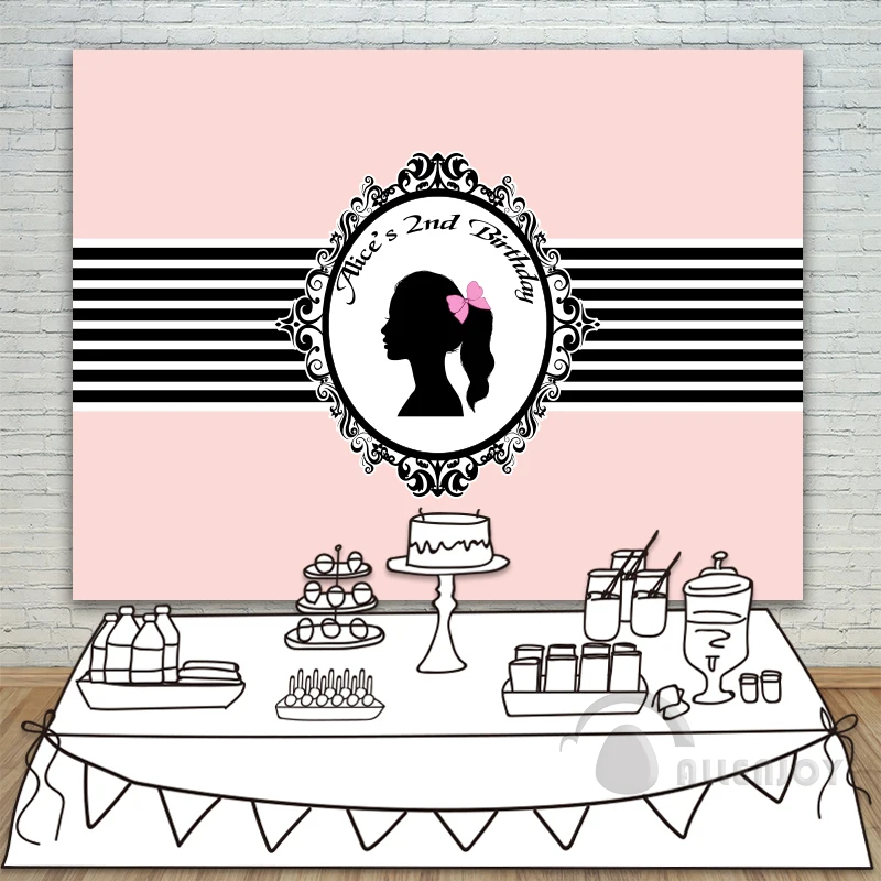 

Girl Bow Birthday backdrop Baby Shower Background Black and White Stripe banner Invitation celebration Party Allenjoy customize