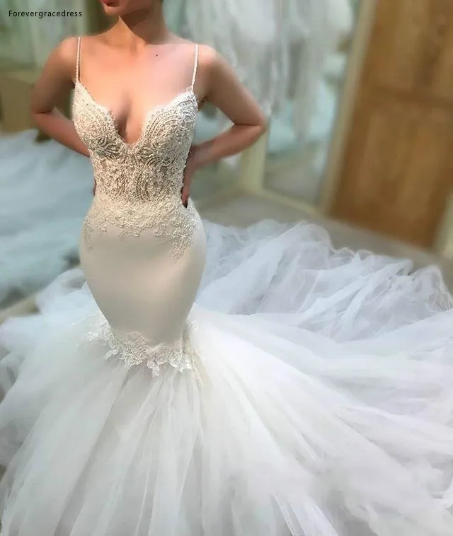 Vestido de novia fabuloso barato nuevo sirena sin mangas suave tul largo sin espalda jardín país Iglesia novia vestido de novia de talla grande