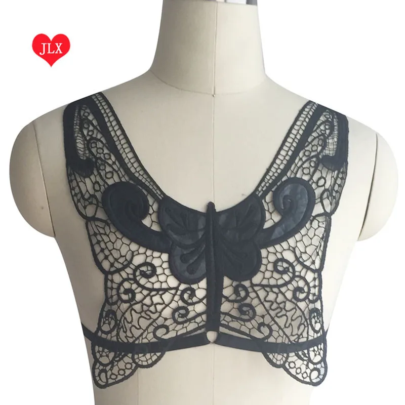 Fashion sexy black lace Bow cage bra and elastic strap harness bra/body harness lingerie lace bow tie crop top bondage belt