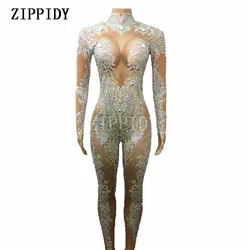 AB Rhinestones Sparkly Jumpsuit Fashion Sexy Nude Big Stretch Dance Costume One-piece Bodysuit Birthday Outfit Party Leggings