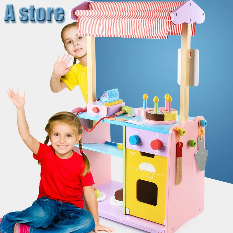 Baby's Simulation store,Children's Wooden Kitchen Furniture toy Set two in one Imitation cooking toy