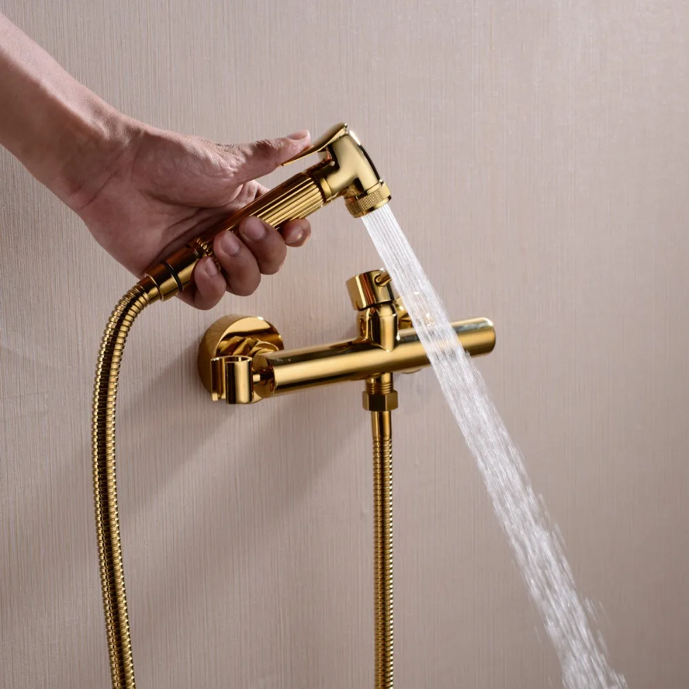 Gold Wall Mounted Handheld Bidet Spray Shattaf douche Kit Sprayer Jet + Hot&Cold Mixer Valve 02-014