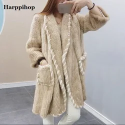 Winter Genuine Natural Knitted Mink Fur Coat Jacket Women Fur Trench Overcoat fur pajamas  coats free size large style