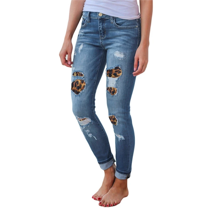 High Waist Jeans For Women Fashion Slim Hole Leopard Patchwork Long Jeans Sexy Ripped Denim Jeans Pants Push Up Jeans Boyfriend