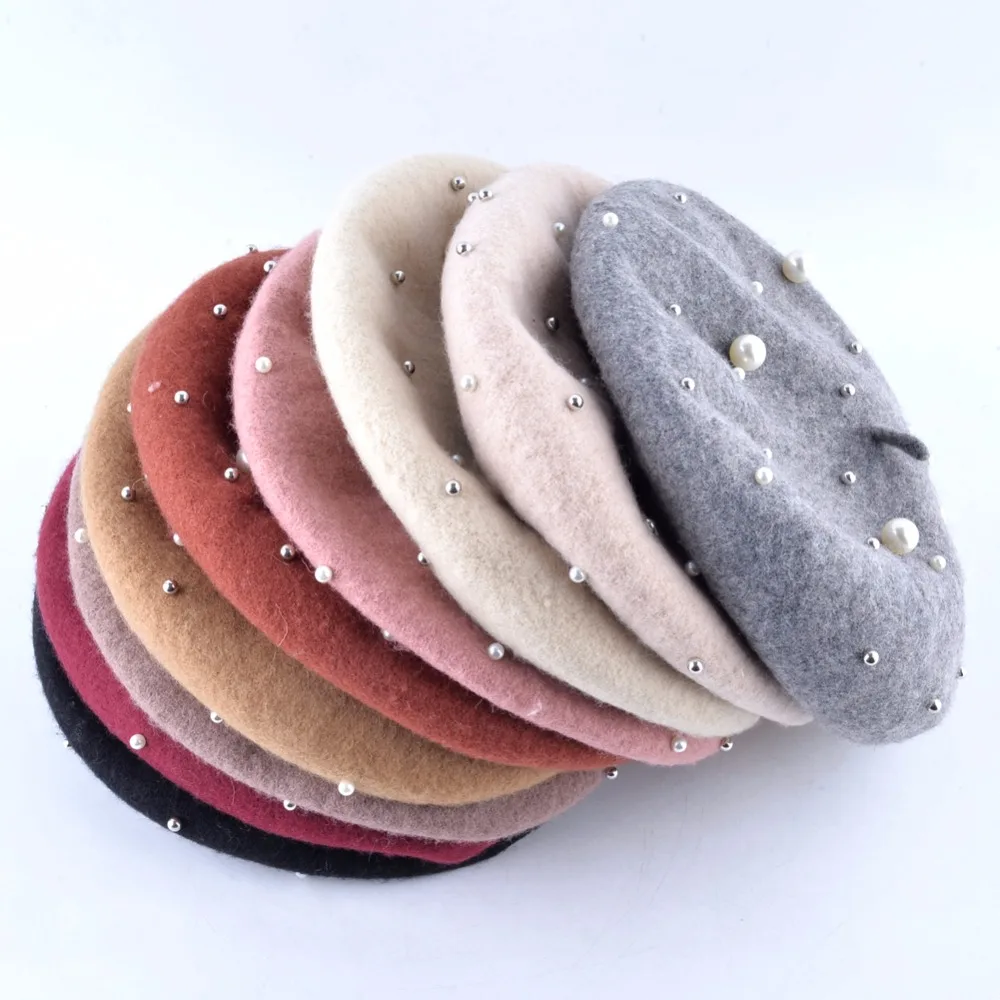 Women Beret Hats Autumn Winter 100% Wool Berets Cap Lady Fashion Pearl Streetwear Boina Feminina Solid Color Sweet Girl Beanies