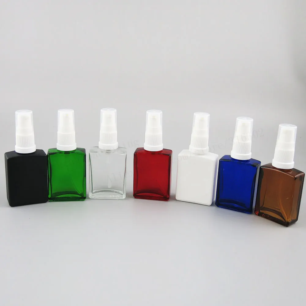 

New Arrival !! 200 x 30ml Square Flat Black white clear red blue green Glass Bottle With White Black Plastic Pump