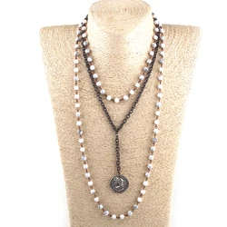 Fashion Bohemian Tribal Jewelry 3 Layer Multiple White Stone Rosary Link & Chain Round Disco Pendant Necklaces