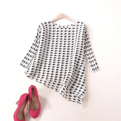 HOT SELLING Miyake  Fashion fold Houndstooth PRINT  o-neck three quarter  T-shirt  IN STOCK