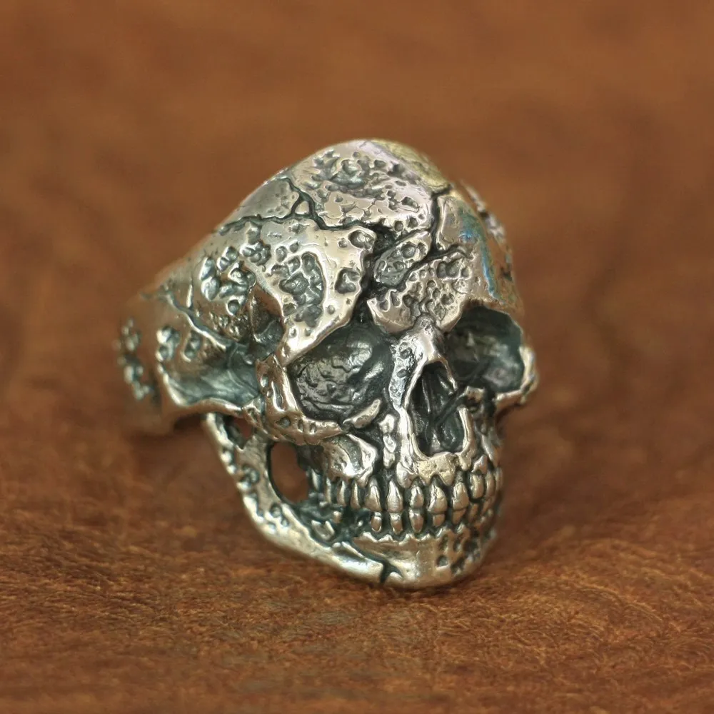 

LINSION 925 Sterling Silver Wounded Skull Ring Mens Biker Rock Punk Ring TA134 US Size 7~13