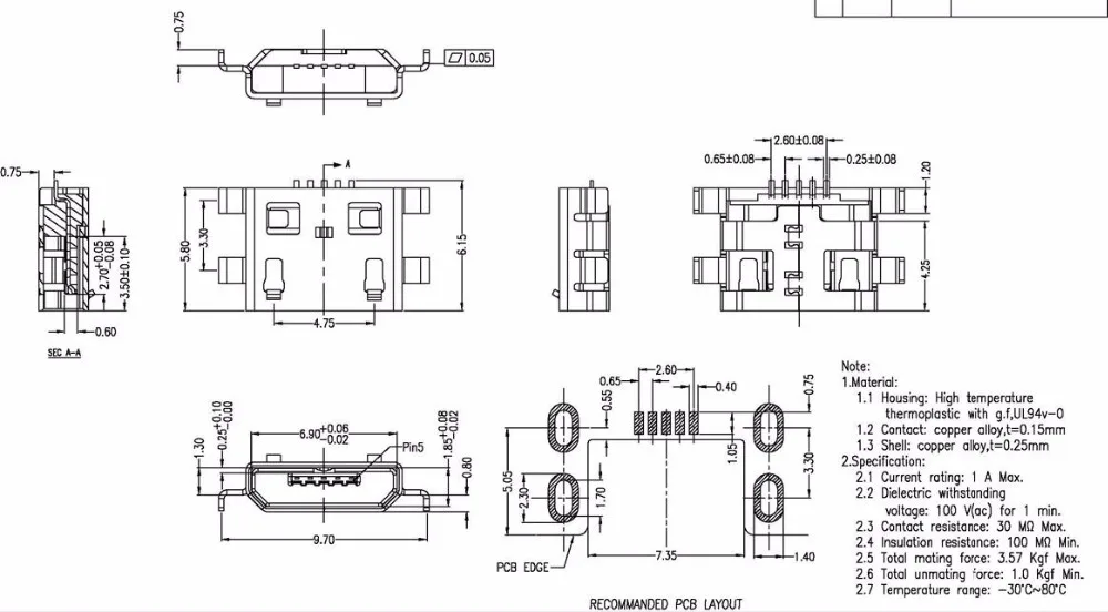 10 шт., микро-USB 5 контактов 0,8 дюйма