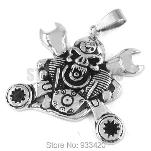 Motorcycle Skull Spanner Engine Pendant Stainless Steel Jewelry Gothic Large Motor Biker Men Pendant SWP0289B