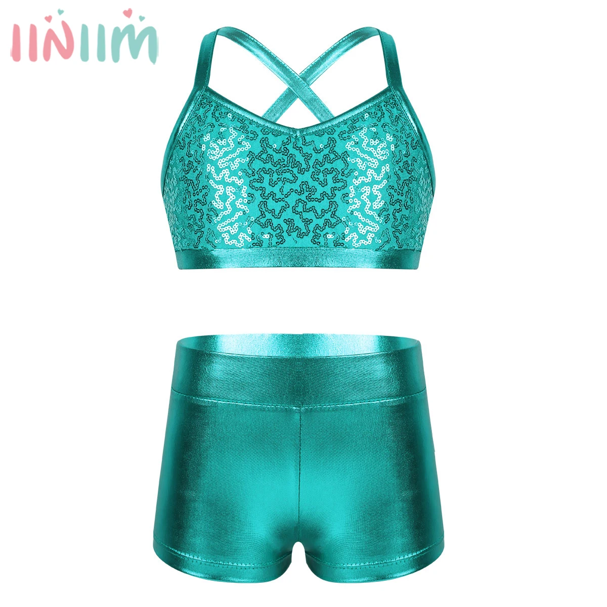 Kids Girls Tankini Outfit Children's Sets Spaghetti Shiny Sequins Tank Top with Bottoms for Ballet Dance Gymnastics Leotard Set