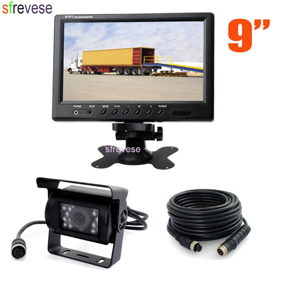 

9" TFT LCD Monitor for Bus Truck Motorhome + 4Pin 18 LED Reversing Parking Backup Camera Free 15M cable 12V-24V