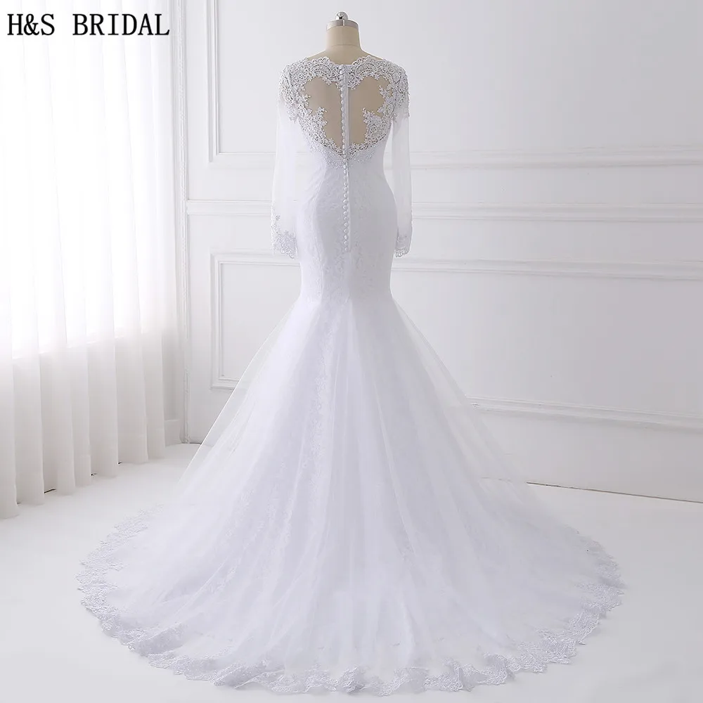 H&S BRIDAL Long Sleeve Lace Wedding Dress 2020 Beaded Wedding Dresses Turkey V Neck Mermaid Wedding Dresses Vestido De Noiva 