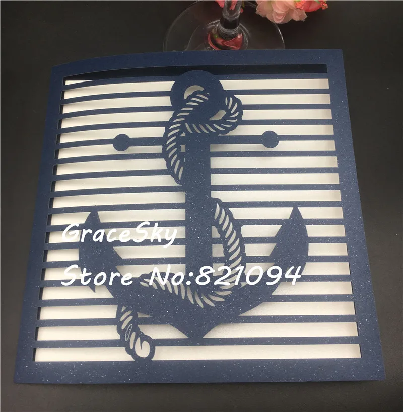 50pcs free shippig Laser cut Nautical Anchor wedding invitations Cards,customized card blanks for wedding invitations rsvp